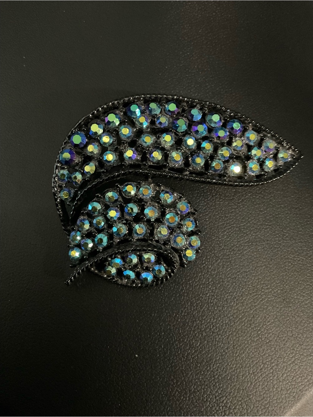 1960s style leaf brooch black enamel and iridescent Aurora Borealis stones 2463